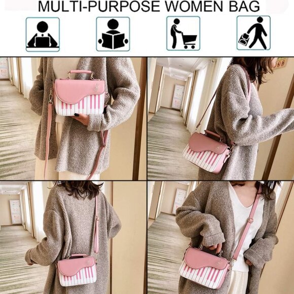 Women's Pink Stylish Piano Shape Cross-Body Shoulder Strap PU Satchel Handbags - Picture 4 of 6